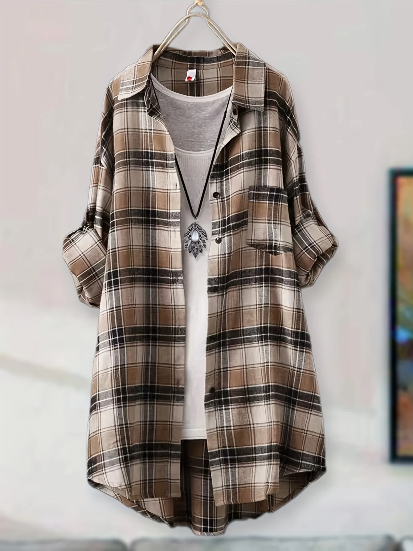 Women's Vintage Red Plaid Long Shirt Dress, Casual Loose Fit Button Down Blouse, Roll Up Long Sleeve Lapel Collar Pocketed Tunic