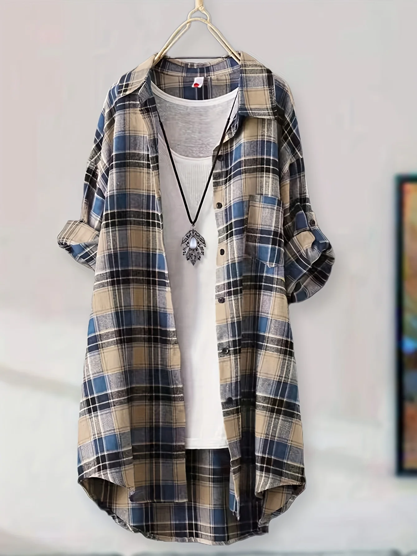 Women's Vintage Red Plaid Long Shirt Dress, Casual Loose Fit Button Down Blouse, Roll Up Long Sleeve Lapel Collar Pocketed Tunic