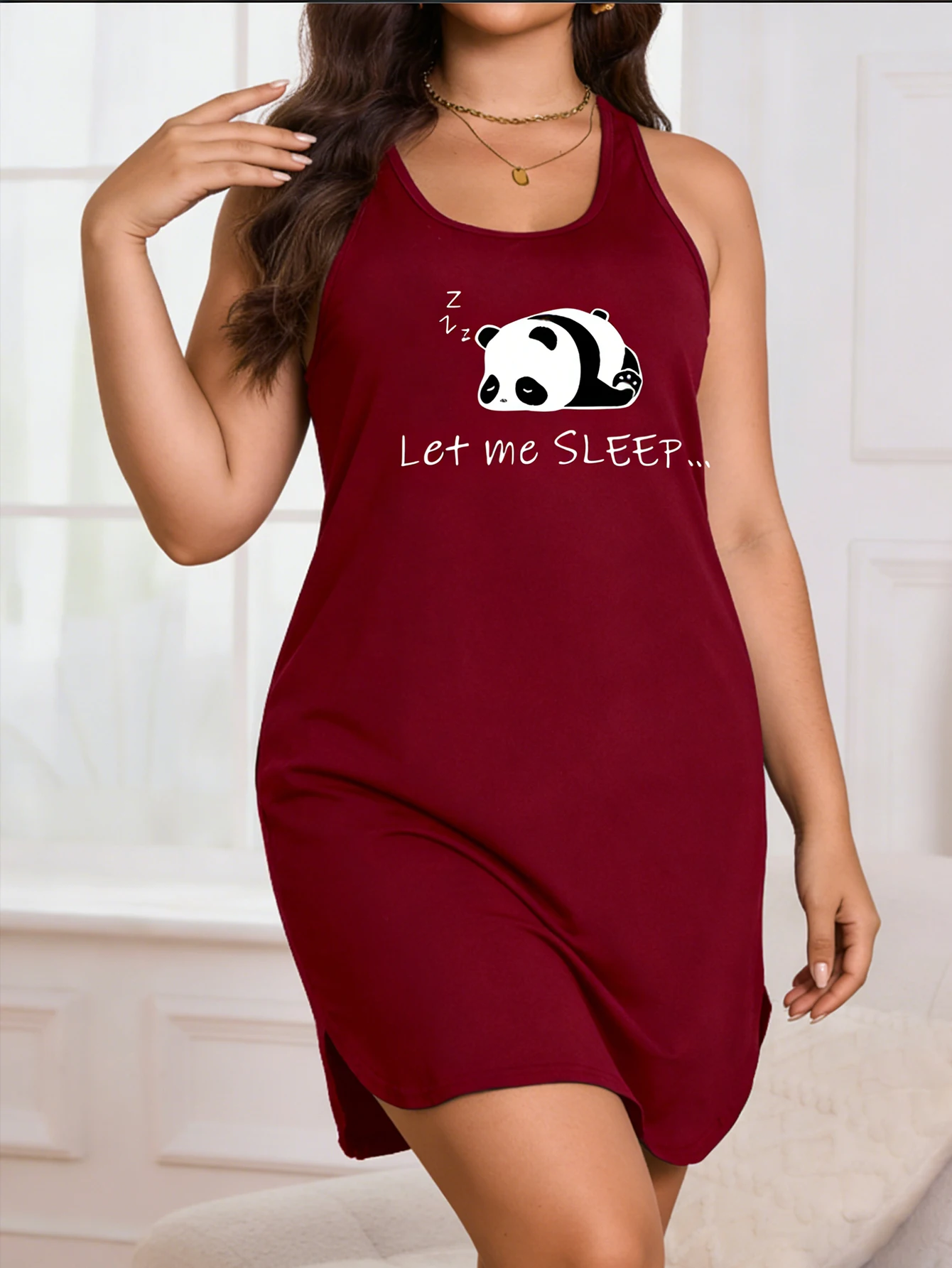 Women's Sleeveless Panda Print Dress - Lightweight Stretch Round-Neck Casual Summer Wear, Machine Washable