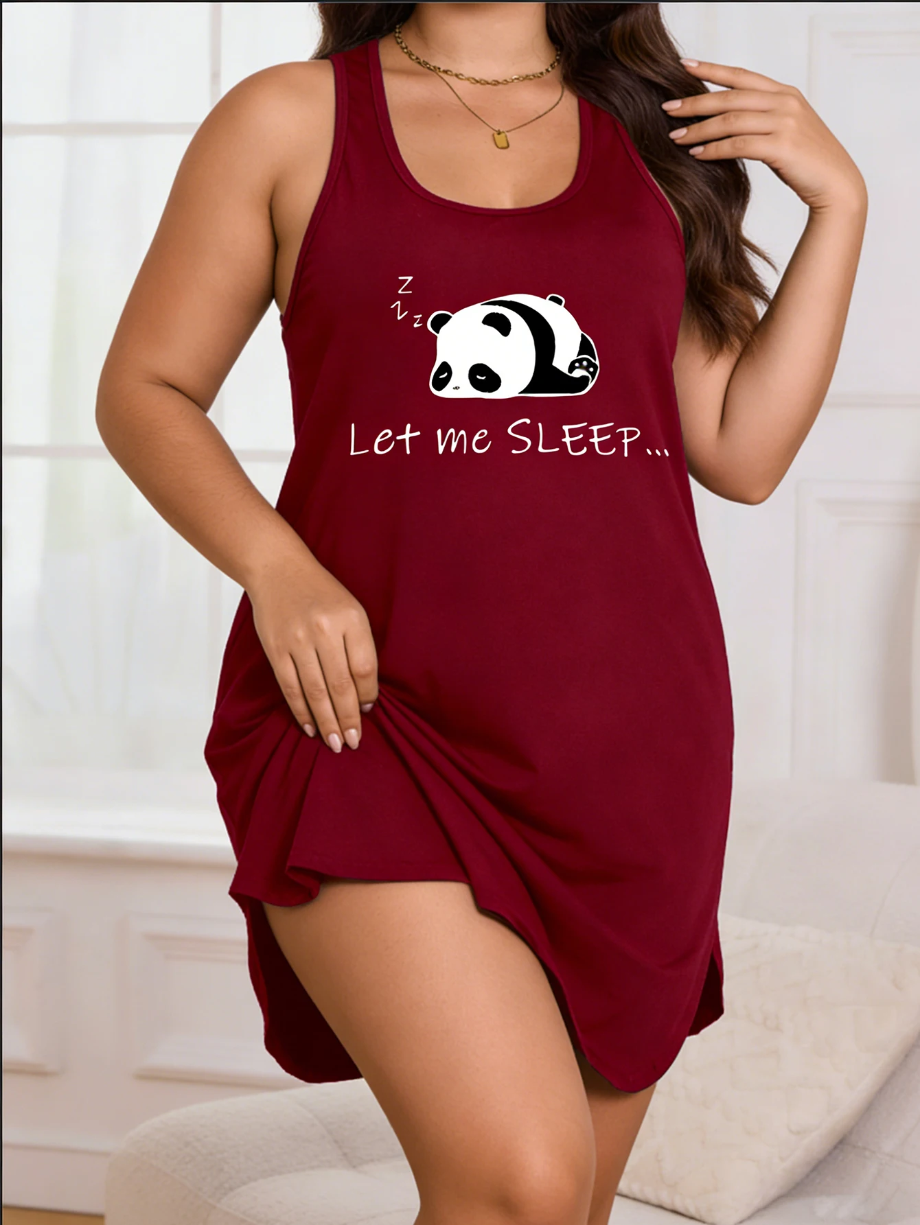 Women's Sleeveless Panda Print Dress - Lightweight Stretch Round-Neck Casual Summer Wear, Machine Washable