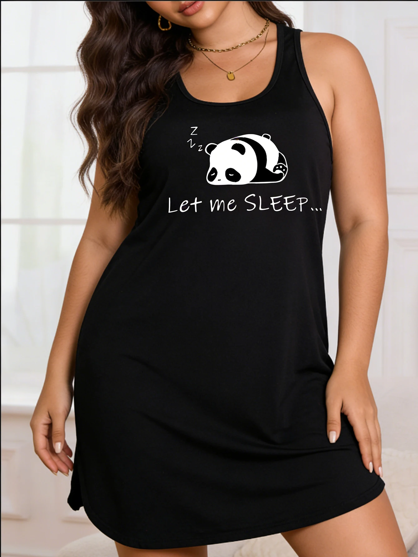 Women's Sleeveless Panda Print Dress - Lightweight Stretch Round-Neck Casual Summer Wear, Machine Washable