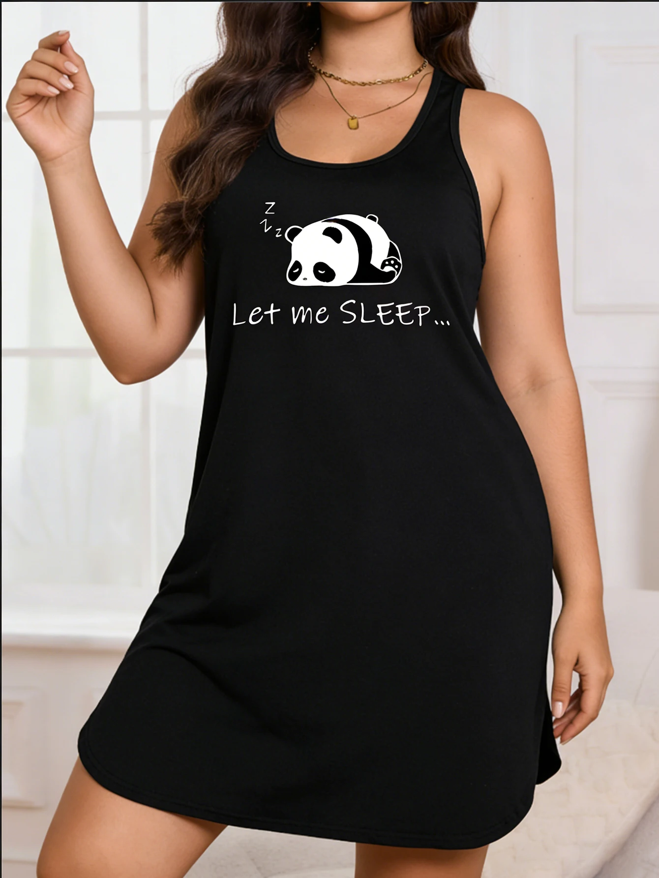 Women's Sleeveless Panda Print Dress - Lightweight Stretch Round-Neck Casual Summer Wear, Machine Washable