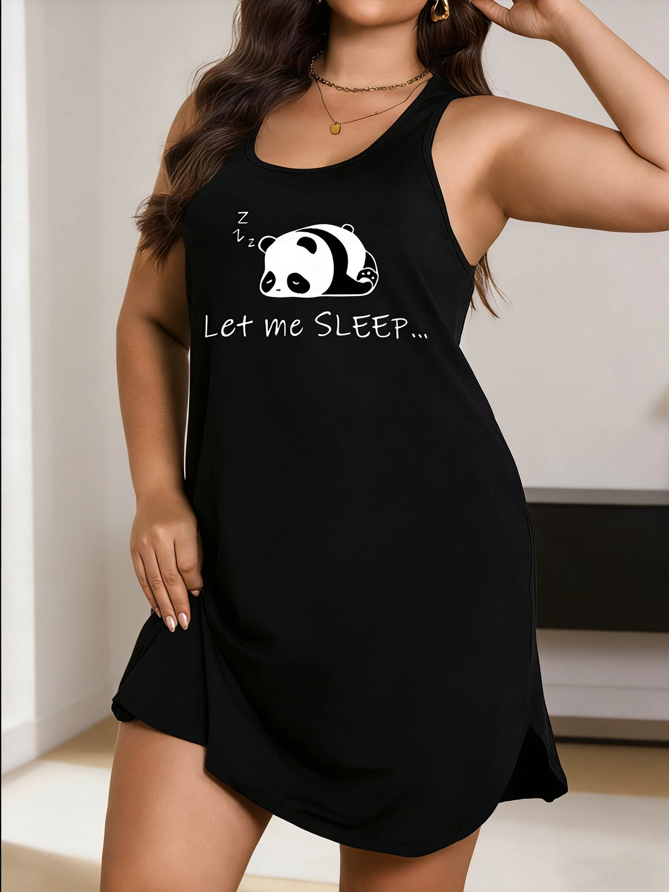 Women's Sleeveless Panda Print Dress - Lightweight Stretch Round-Neck Casual Summer Wear, Machine Washable