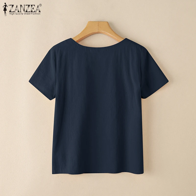 ZANZEA Summer Casual Cotton Blouses for Woman O-Neck Short Sleeve Side Slit Thin Tops Day Wear Solid Color Blusas de Mujer