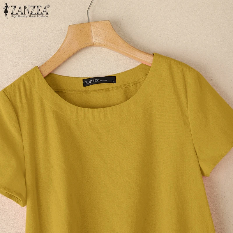 ZANZEA Summer Casual Cotton Blouses for Woman O-Neck Short Sleeve Side Slit Thin Tops Day Wear Solid Color Blusas de Mujer