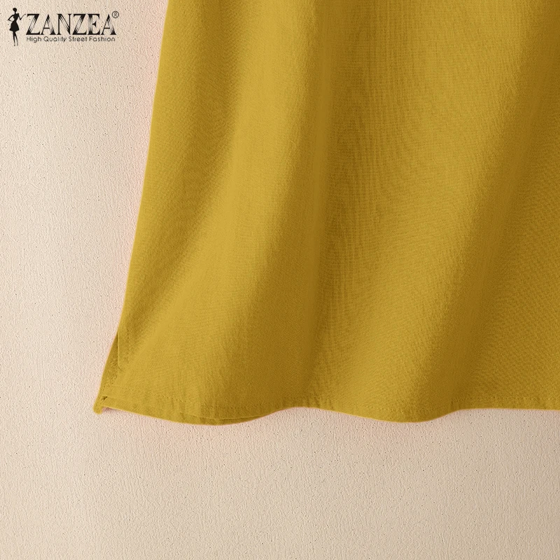 ZANZEA Summer Casual Cotton Blouses for Woman O-Neck Short Sleeve Side Slit Thin Tops Day Wear Solid Color Blusas de Mujer