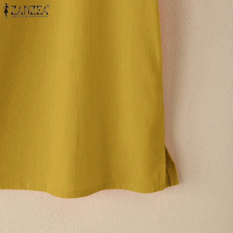 ZANZEA Summer Casual Cotton Blouses for Woman O-Neck Short Sleeve Side Slit Thin Tops Day Wear Solid Color Blusas de Mujer