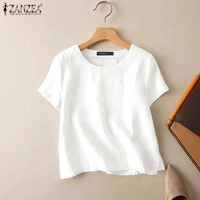 ZANZEA Summer Casual Cotton Blouses for Woman O-Neck Short Sleeve Side Slit Thin Tops Day Wear Solid Color Blusas de Mujer