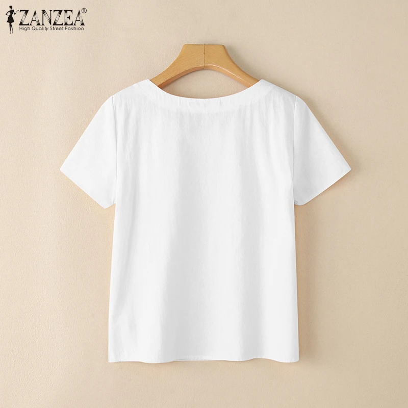 ZANZEA Summer Casual Cotton Blouses for Woman O-Neck Short Sleeve Side Slit Thin Tops Day Wear Solid Color Blusas de Mujer