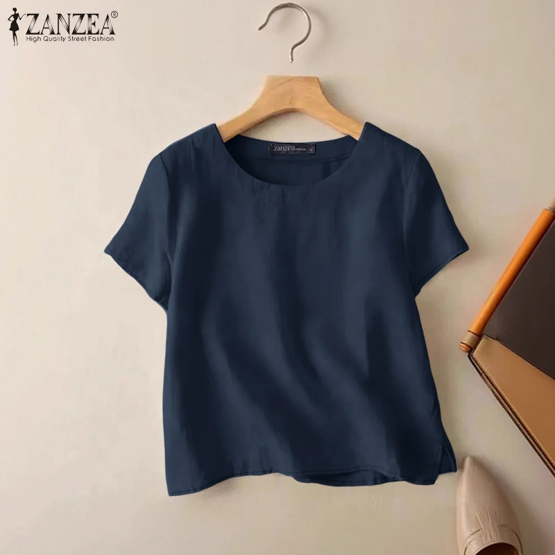 ZANZEA Summer Casual Cotton Blouses for Woman O-Neck Short Sleeve Side Slit Thin Tops Day Wear Solid Color Blusas de Mujer