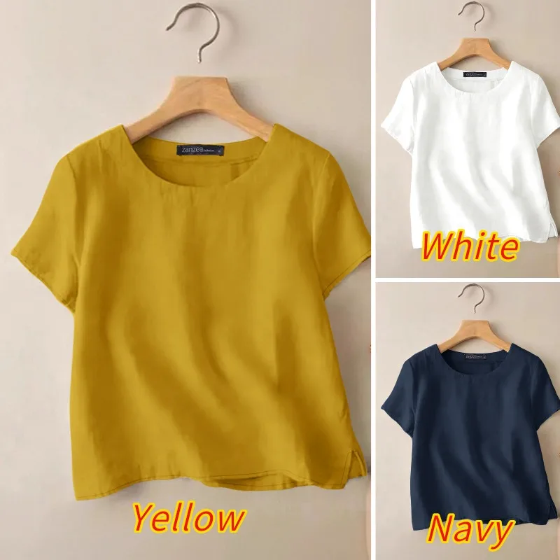 ZANZEA Summer Casual Cotton Blouses for Woman O-Neck Short Sleeve Side Slit Thin Tops Day Wear Solid Color Blusas de Mujer