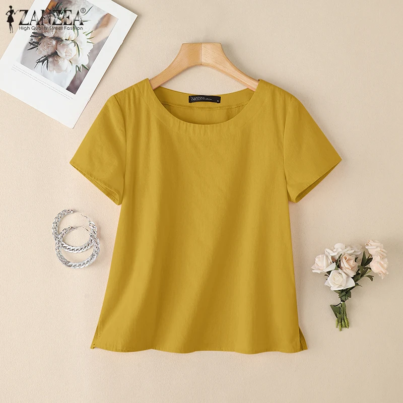 ZANZEA Summer Casual Cotton Blouses for Woman O-Neck Short Sleeve Side Slit Thin Tops Day Wear Solid Color Blusas de Mujer