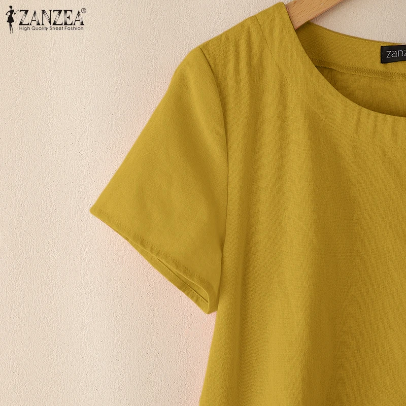 ZANZEA Summer Casual Cotton Blouses for Woman O-Neck Short Sleeve Side Slit Thin Tops Day Wear Solid Color Blusas de Mujer