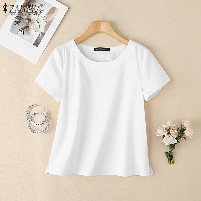 ZANZEA Summer Casual Cotton Blouses for Woman O-Neck Short Sleeve Side Slit Thin Tops Day Wear Solid Color Blusas de Mujer