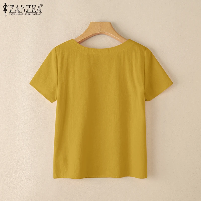 ZANZEA Summer Casual Cotton Blouses for Woman O-Neck Short Sleeve Side Slit Thin Tops Day Wear Solid Color Blusas de Mujer