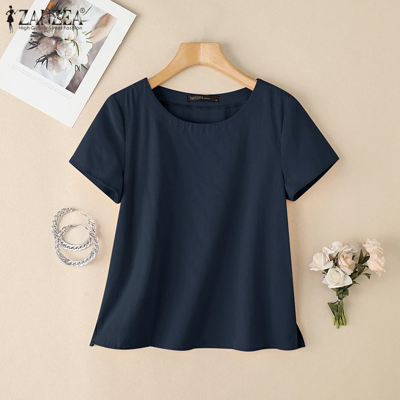 ZANZEA Summer Casual Cotton Blouses for Woman O-Neck Short Sleeve Side Slit Thin Tops Day Wear Solid Color Blusas de Mujer