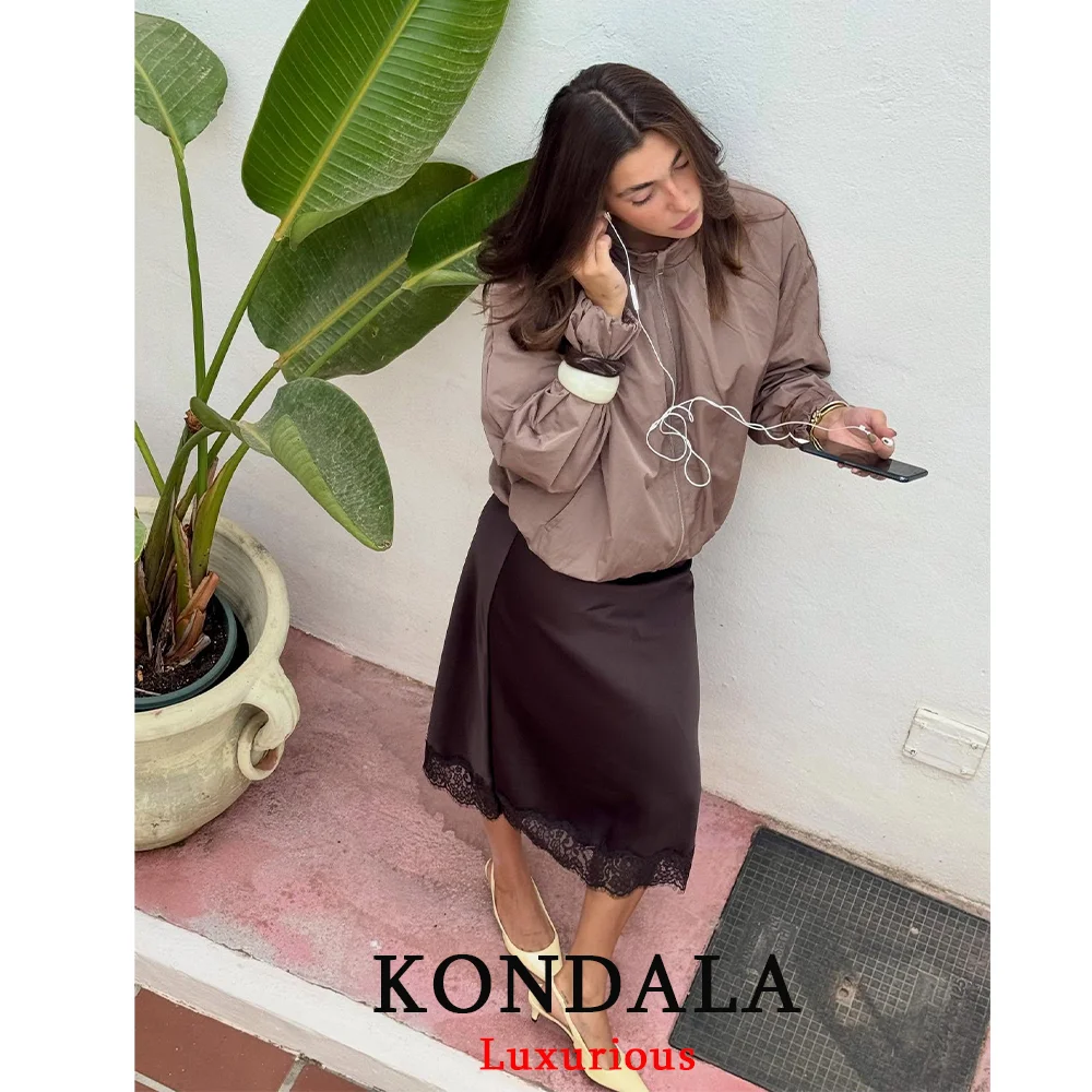 KONDALA Vintage Chic Satin Women Long Lace Skirts High Waist Straight Midi Party Skirt Fashion 2026 Spring Summer Elegant Skirt