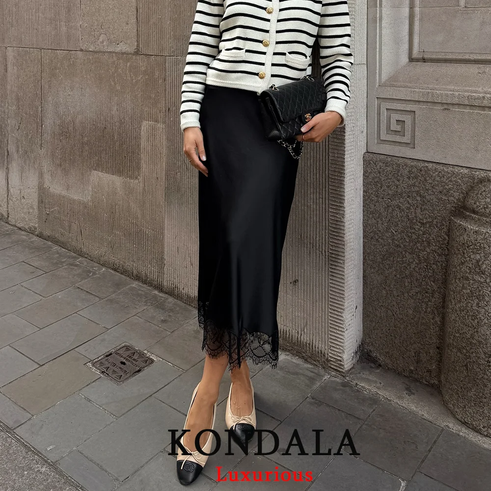 KONDALA Vintage Chic Satin Women Long Lace Skirts High Waist Straight Midi Party Skirt Fashion 2026 Spring Summer Elegant Skirt