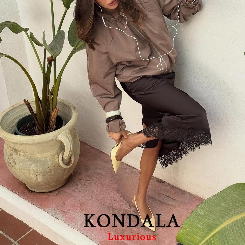 KONDALA Vintage Chic Satin Women Long Lace Skirts High Waist Straight Midi Party Skirt Fashion 2026 Spring Summer Elegant Skirt