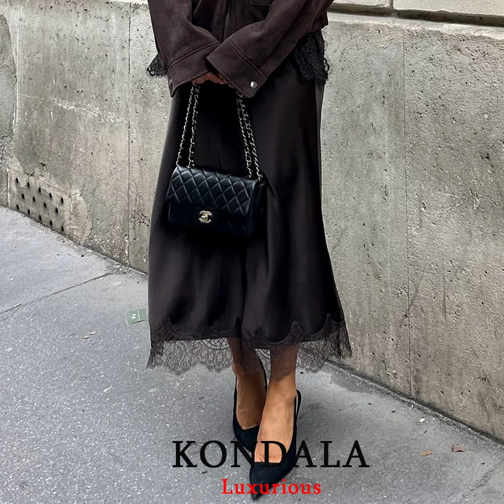 KONDALA Vintage Chic Satin Women Long Lace Skirts High Waist Straight Midi Party Skirt Fashion 2026 Spring Summer Elegant Skirt