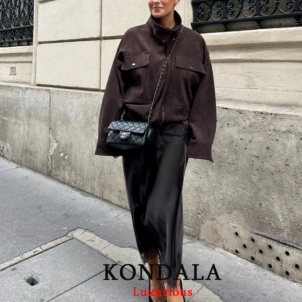 KONDALA Vintage Chic Satin Women Long Lace Skirts High Waist Straight Midi Party Skirt Fashion 2026 Spring Summer Elegant Skirt