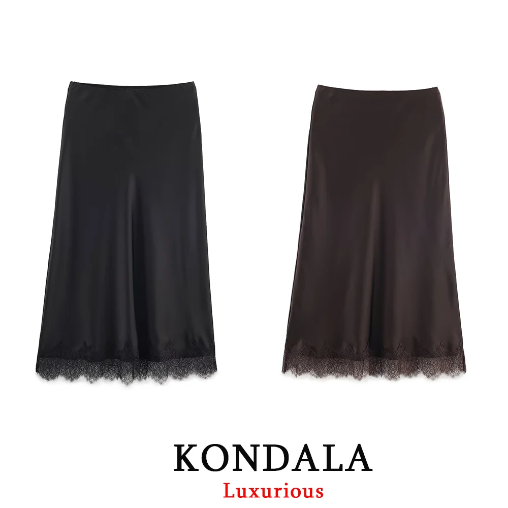 KONDALA Vintage Chic Satin Women Long Lace Skirts High Waist Straight Midi Party Skirt Fashion 2026 Spring Summer Elegant Skirt