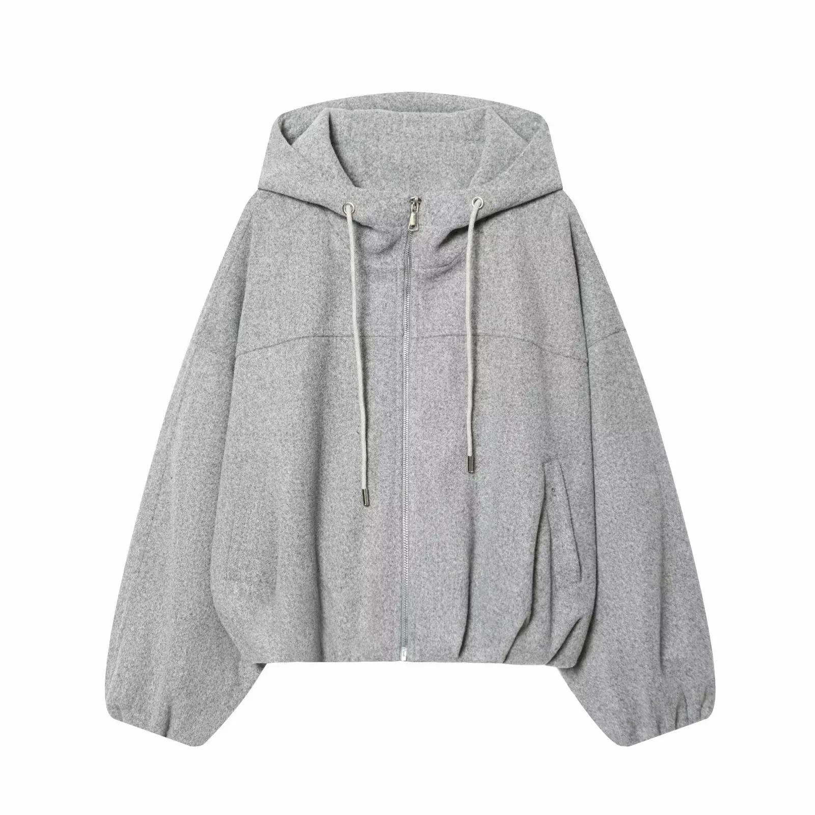 Women Fashion Loose Drawstring Zipper Hooded Jacket Female High Street Casual Long-Sleeved Solid Pockets Jacket