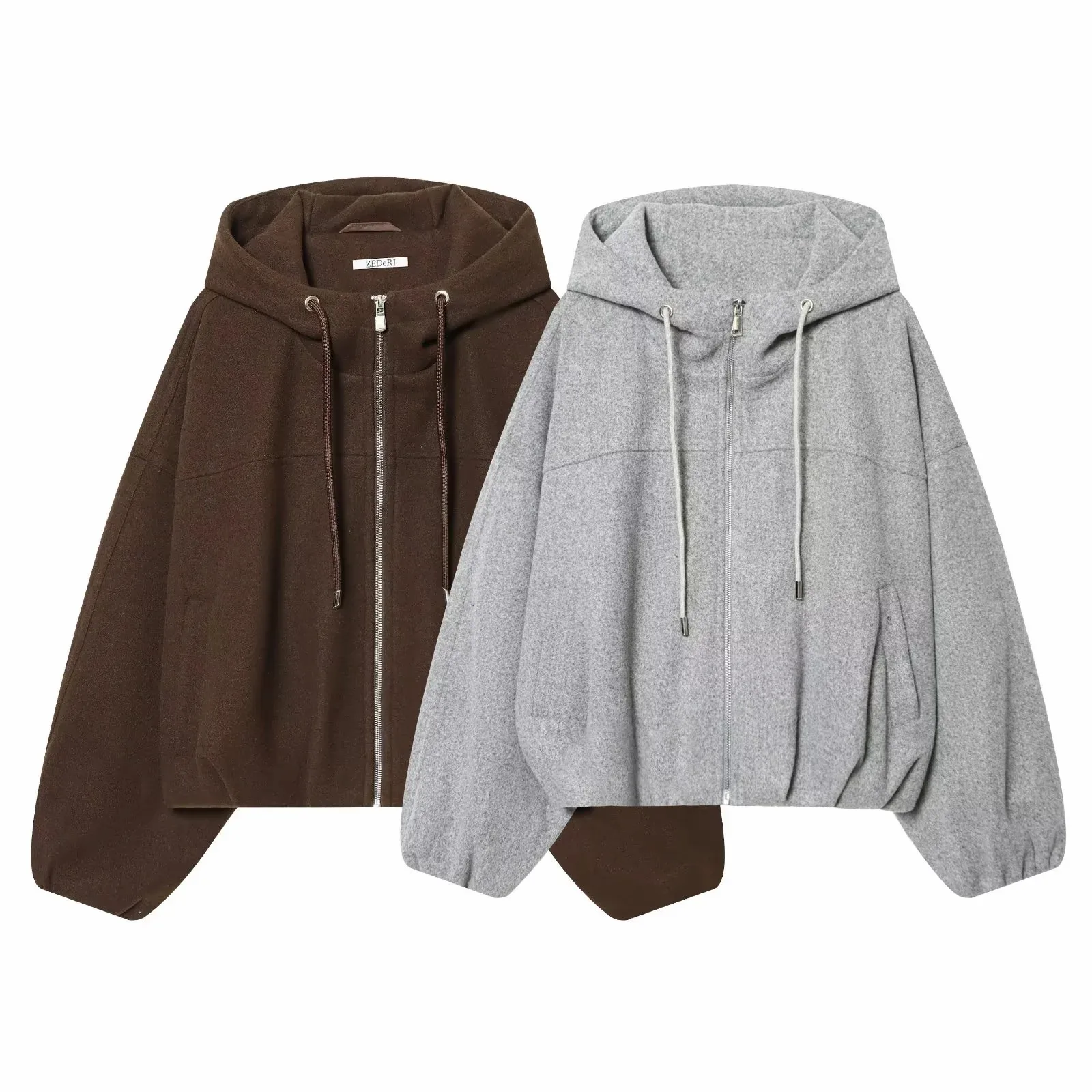 Women Fashion Loose Drawstring Zipper Hooded Jacket Female High Street Casual Long-Sleeved Solid Pockets Jacket