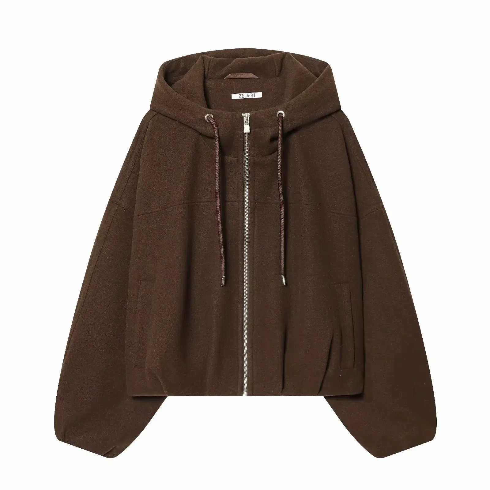 Women Fashion Loose Drawstring Zipper Hooded Jacket Female High Street Casual Long-Sleeved Solid Pockets Jacket