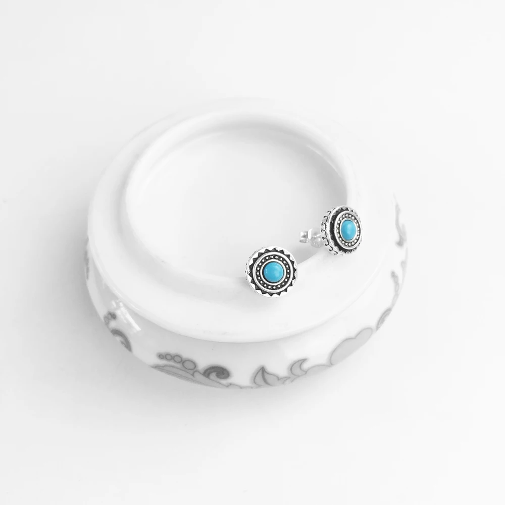 Round Turquoise Ethno Studs Earrings Pure 925 Sterling Silver Vintage Jewerly Gift For Women Men