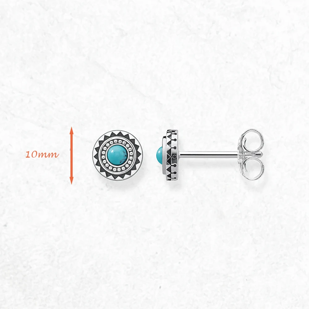 Round Turquoise Ethno Studs Earrings Pure 925 Sterling Silver Vintage Jewerly Gift For Women Men