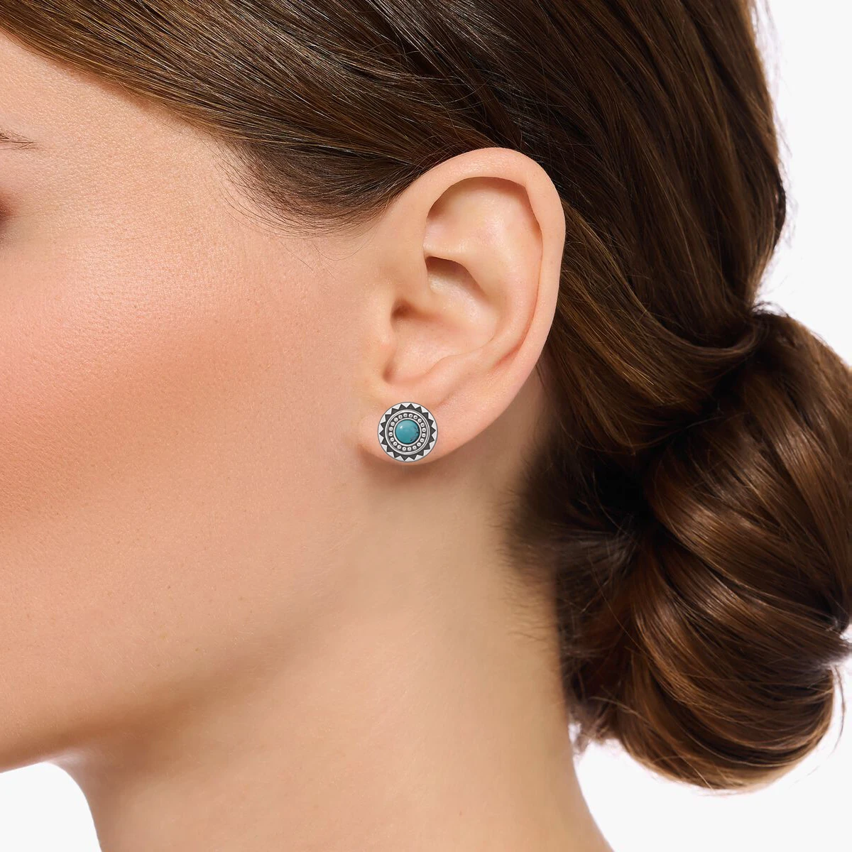 Round Turquoise Ethno Studs Earrings Pure 925 Sterling Silver Vintage Jewerly Gift For Women Men