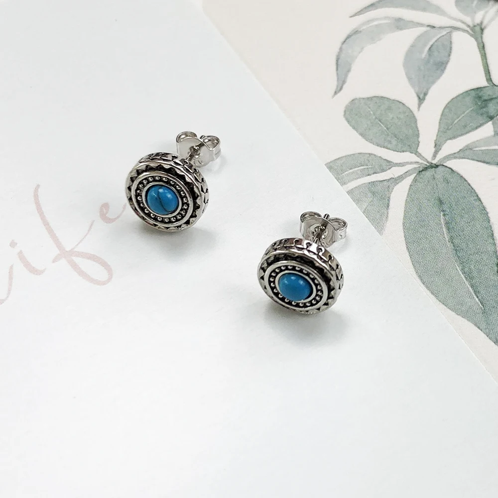 Round Turquoise Ethno Studs Earrings Pure 925 Sterling Silver Vintage Jewerly Gift For Women Men