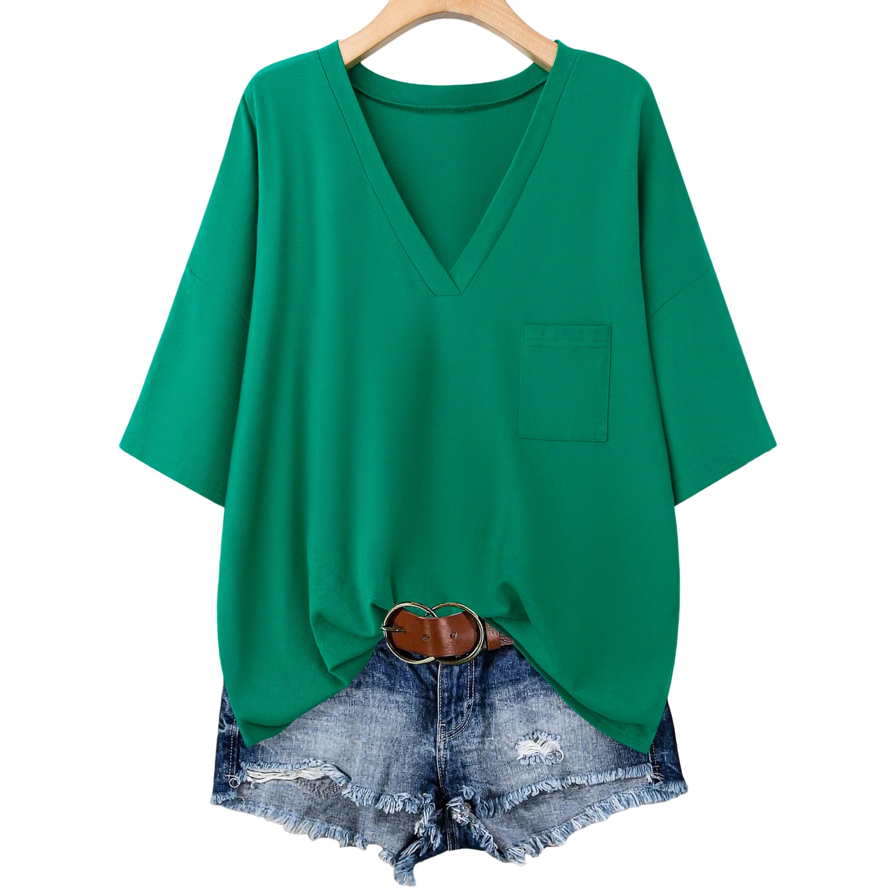 Plus Size Women's V Neck T-Shirt Half Sleeve Pocket Front Twist Hem Casual Loose Fit Top