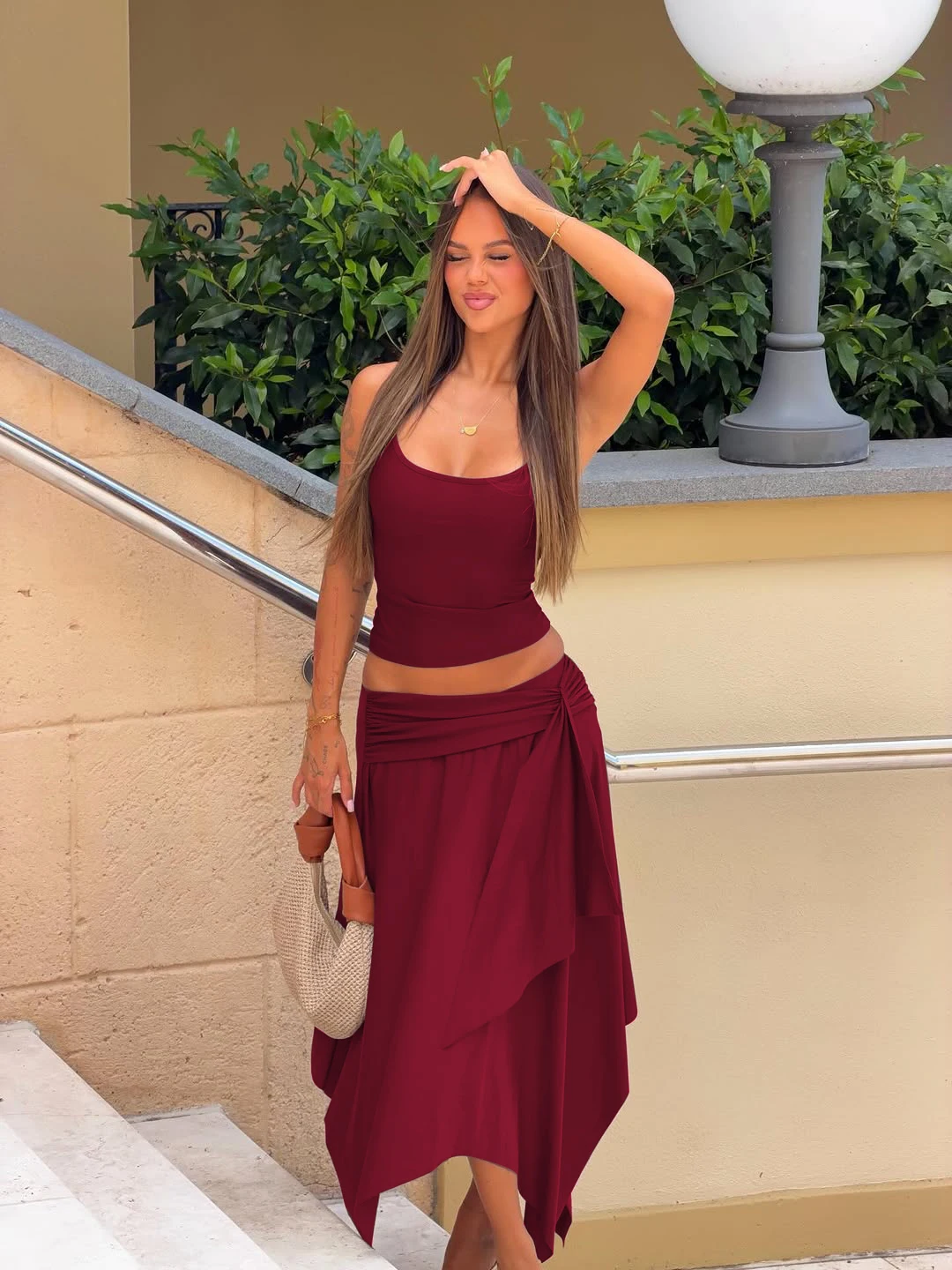 Hugcitar Fashion 2 Pcs Sest Solid Slips Sexy Slim Crop Camis Top Irregular Midi Skirt Women Clothes Beach Vacation Party Outfits