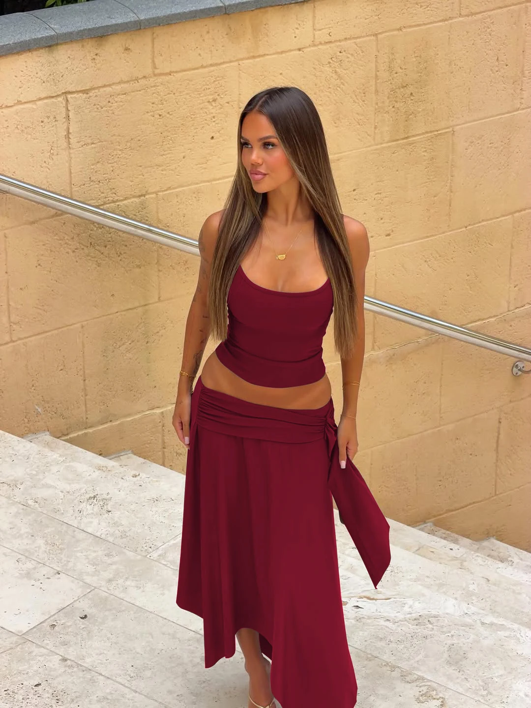Hugcitar Fashion 2 Pcs Sest Solid Slips Sexy Slim Crop Camis Top Irregular Midi Skirt Women Clothes Beach Vacation Party Outfits