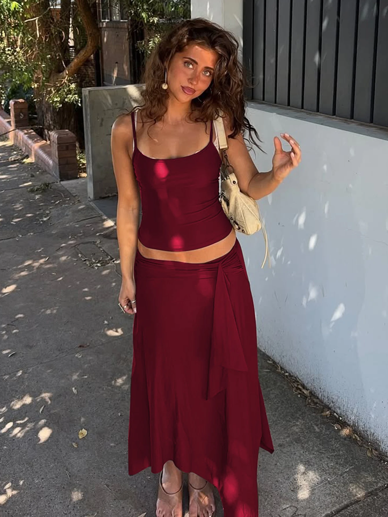 Hugcitar Fashion 2 Pcs Sest Solid Slips Sexy Slim Crop Camis Top Irregular Midi Skirt Women Clothes Beach Vacation Party Outfits