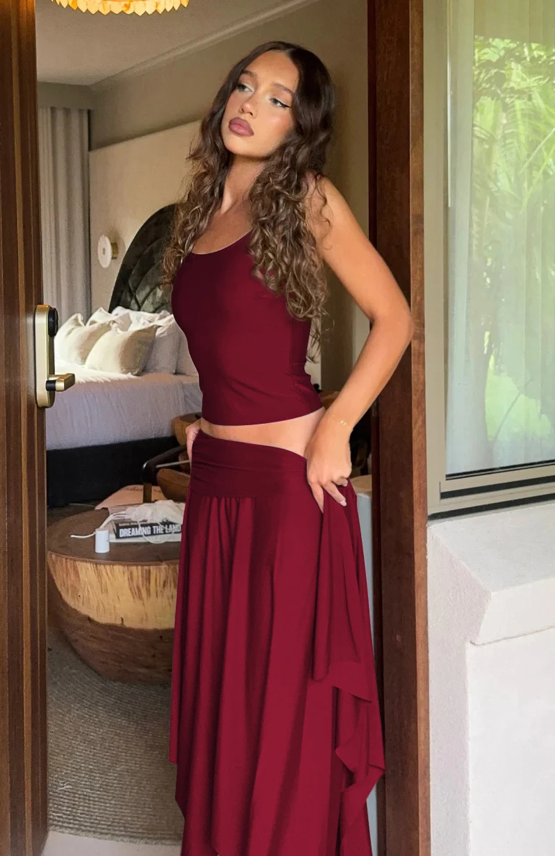 Hugcitar Fashion 2 Pcs Sest Solid Slips Sexy Slim Crop Camis Top Irregular Midi Skirt Women Clothes Beach Vacation Party Outfits