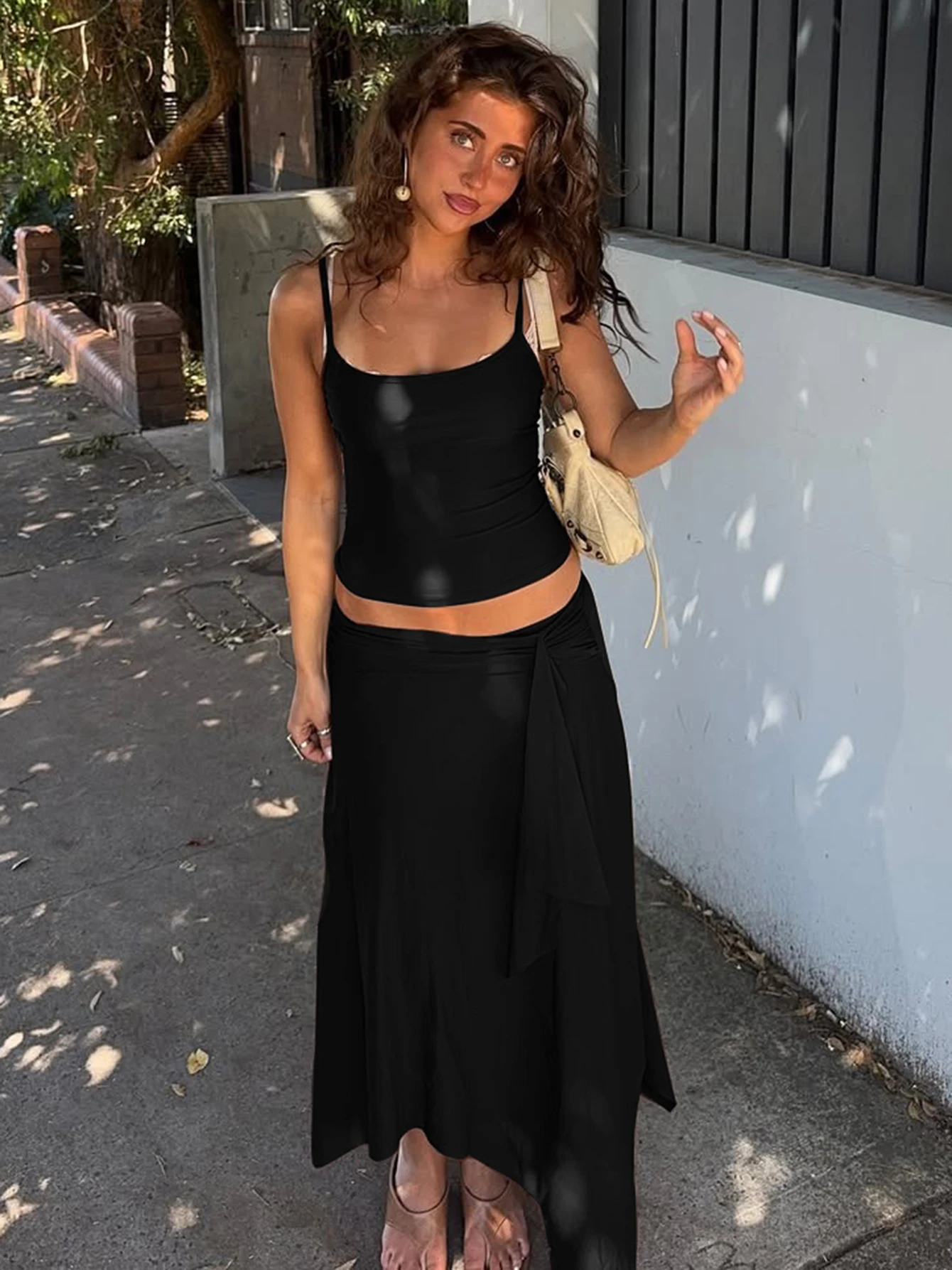 Hugcitar Fashion 2 Pcs Sest Solid Slips Sexy Slim Crop Camis Top Irregular Midi Skirt Women Clothes Beach Vacation Party Outfits