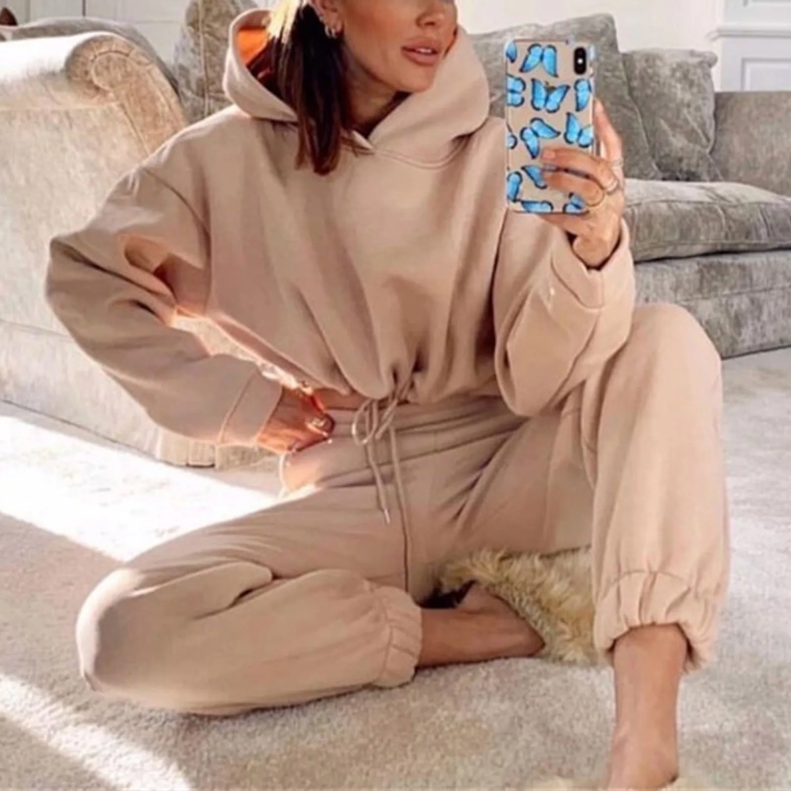 Women's Long-Sleeved Sports Suit, Casual Waist Wear Fashion Trend Two-Piece Set