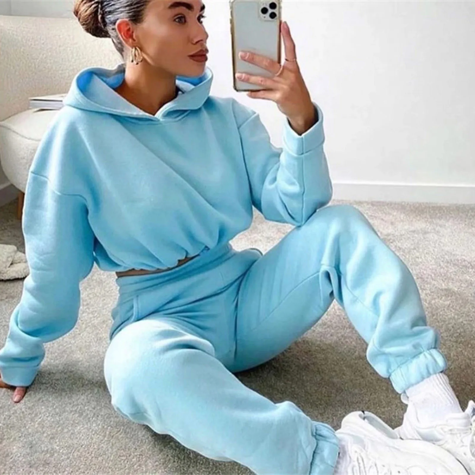 Women's Long-Sleeved Sports Suit, Casual Waist Wear Fashion Trend Two-Piece Set