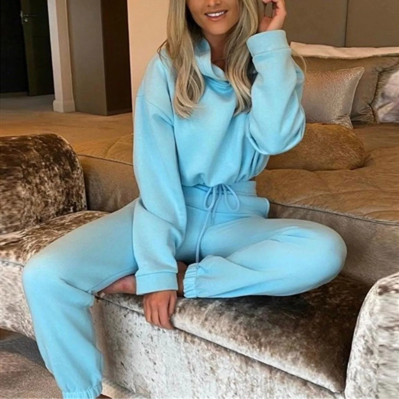 Women's Long-Sleeved Sports Suit, Casual Waist Wear Fashion Trend Two-Piece Set