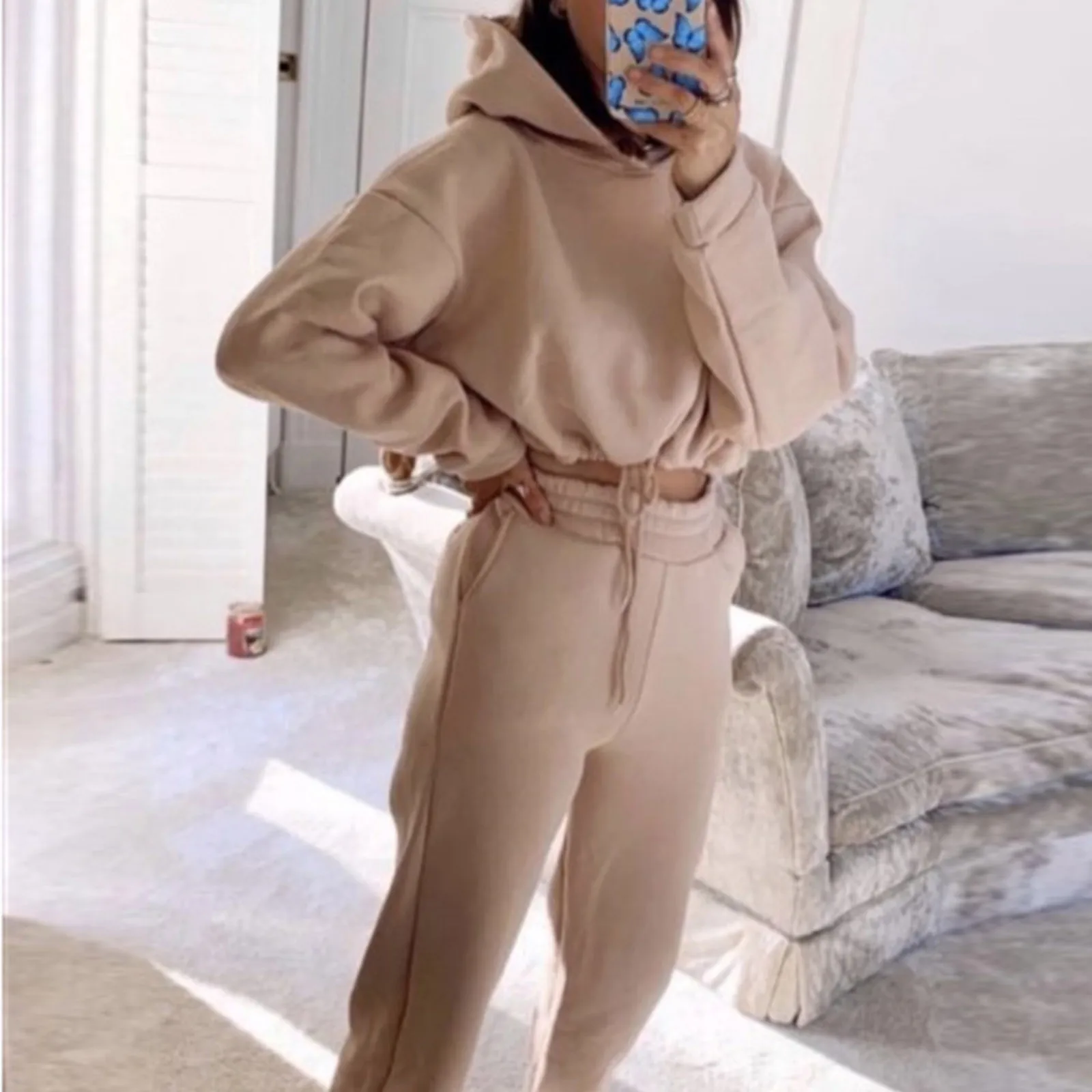 Women's Long-Sleeved Sports Suit, Casual Waist Wear Fashion Trend Two-Piece Set