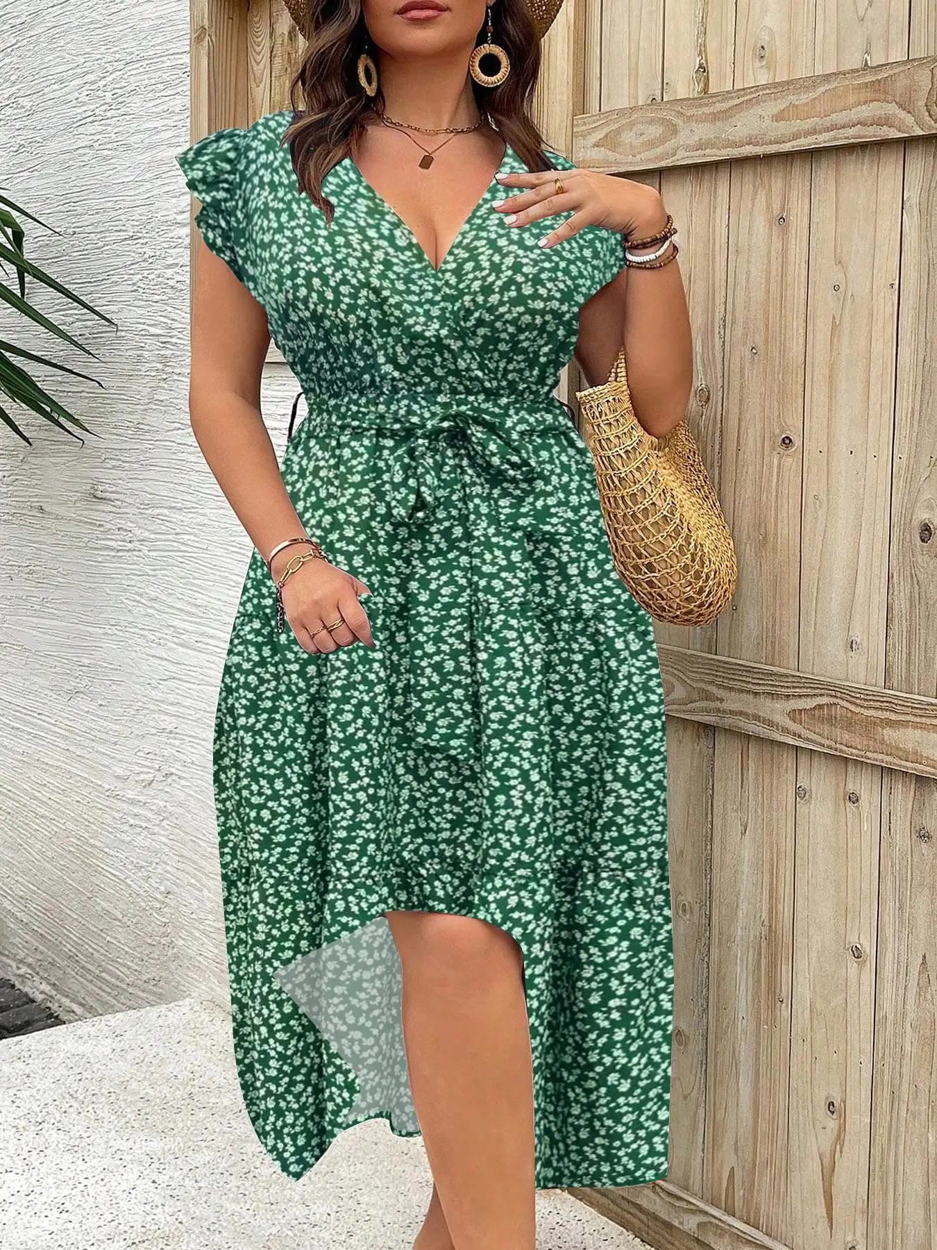 Plus Size Floral Print V Neck Dress, Casual Fashion Dress for Daily Outdoor Wear, Women Plus Clothing for All Seasons
