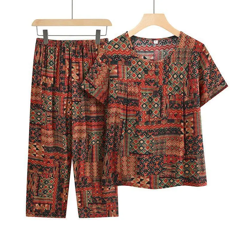 Casual Ice Silk Suit Loose Large Size Suit Short-sleeved Top Loose Two-piece Suit Plus Size Summer Outfits Pijamas Feminino