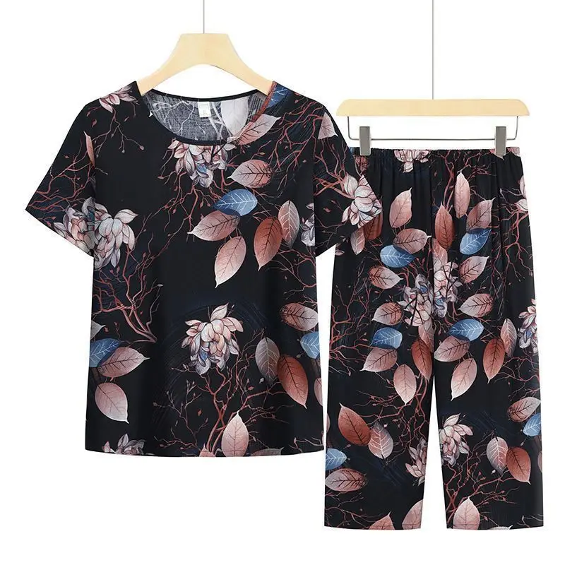 Casual Ice Silk Suit Loose Large Size Suit Short-sleeved Top Loose Two-piece Suit Plus Size Summer Outfits Pijamas Feminino