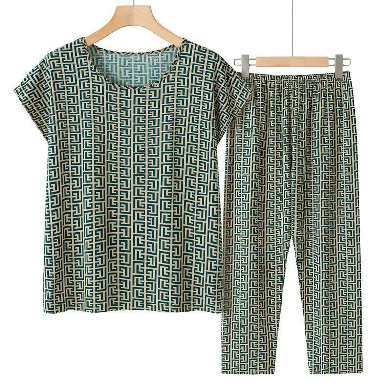 Casual Ice Silk Suit Loose Large Size Suit Short-sleeved Top Loose Two-piece Suit Plus Size Summer Outfits Pijamas Feminino