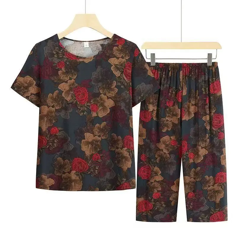 Casual Ice Silk Suit Loose Large Size Suit Short-sleeved Top Loose Two-piece Suit Plus Size Summer Outfits Pijamas Feminino