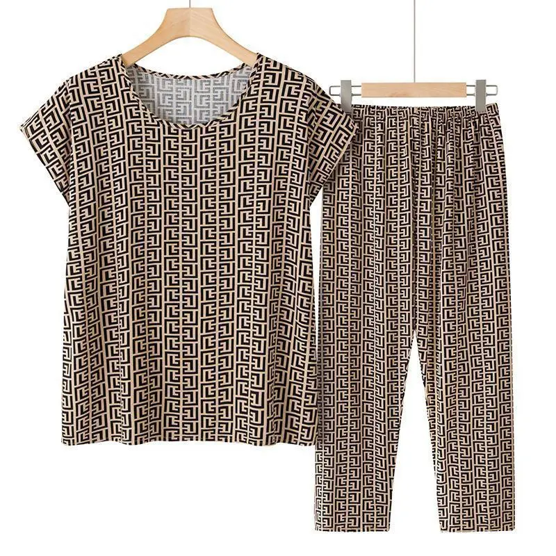 Casual Ice Silk Suit Loose Large Size Suit Short-sleeved Top Loose Two-piece Suit Plus Size Summer Outfits Pijamas Feminino
