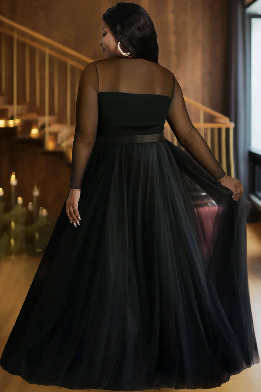 Plus Size Black Tulle Maxi Dress Women Sheer Mesh Long Sleeve Sweetheart Neck Belted Formal Evening Gown